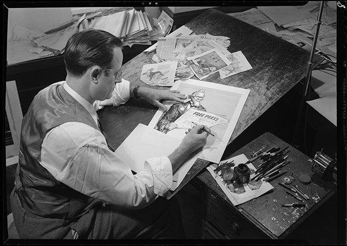 Cartoonist Bruce Russell, Los Angeles Times, Los Angeles, 1941. “Dick” Whittington Studio Collection of Negatives and Photographs, 1924–1948. The Huntington Library, Art Collections, and Botanical Gardens.