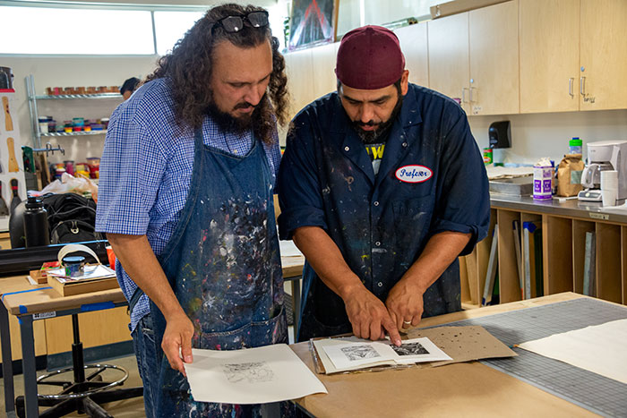 Ybarra (left) and Sergio Teran (right) in Teran’s print studio at Cerritos College. Photo by Kate Lain.