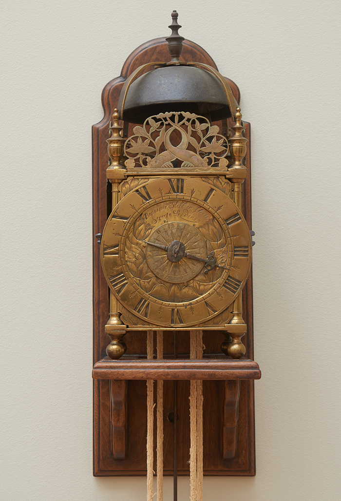 Benjamin Hill (1617–about 1670), Lantern clock, about 1650, England. Brass, steel, and rope,  14 ¾ x 5 ¾ x 5 ¾ in. The Huntington Library, Art Collections, and Botanical Gardens.