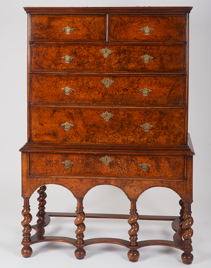 High chest of drawers, about 1710, possibly New York. Walnut, yellow pine, eastern white pine, burl ash veneer, and brass, 57 ¼ x 39 x 20 ½ in.