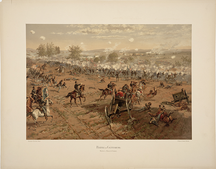 Battle of Gettysburg, repulse of Pickett’s charge by Thure de Thulstrupo (1849–1930), L. Prang & Co., Boston (Mass.), 1887. Color printed lithograph, overall 21 7/8 x 28 in. (55.56 x 71.12 cm). Jay T. Last Collection of Graphic Arts and Social History. The Huntington Library, Art Collections, and Botanical Gardens.