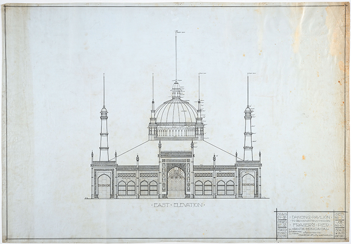 Eager & Eager, Architects, Dancing Pavilion to be Constructed on Fraser’s Pier, Santa Monica, Cal., East Elevation, 1910. Ink on tracing cloth, 32 3/4 x 47 1/2 inches. © Courtesy of Donald and Sally Kubly, on behalf of Eager & Eager, Architects, 2018. The Huntington Library, Art Collections, and Botanical Gardens.