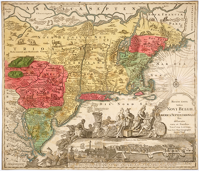 Nicolao Visscher, map entitled Orbis Terrarum Nova et Accuratissima Tabula, 1658, Amsterdam. This image includes the depiction of a procession of enslaved Africans delivering America’s bounty to the English king. The Huntington Library, Art Collections, and Botanical Gardens.