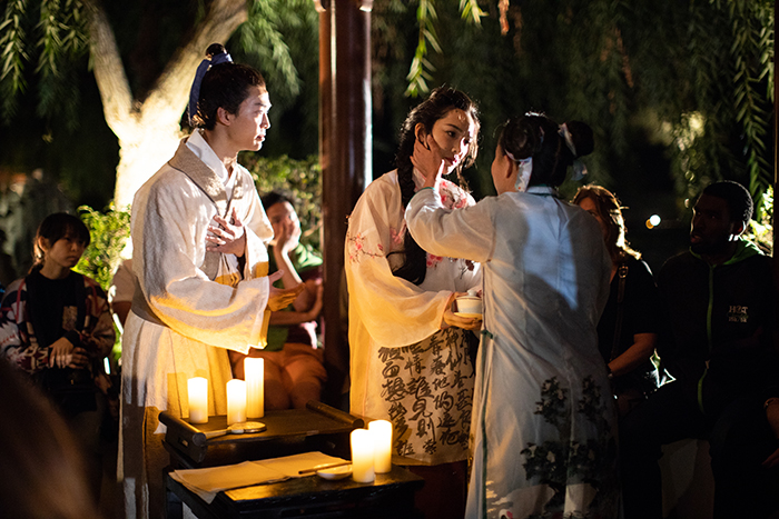 Hao Feng as the Playwright, Jessika Van as the Maiden, and Reggie Yip as the Maid. Photo by Rafael Hernandez. Courtesy of CalArts Center for New Performance.