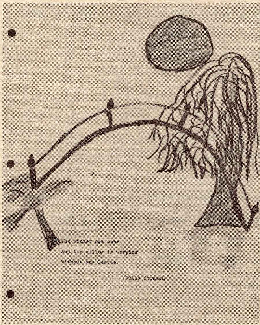 A fourth-grader’s illustration of the moon bridge in the Japanese Garden, accompanied by a haiku poem, sent as a thank-you after a school visit and published in the October/November 1970 newsletter. The Huntington Library, Art Museum, and Botanical Gardens.