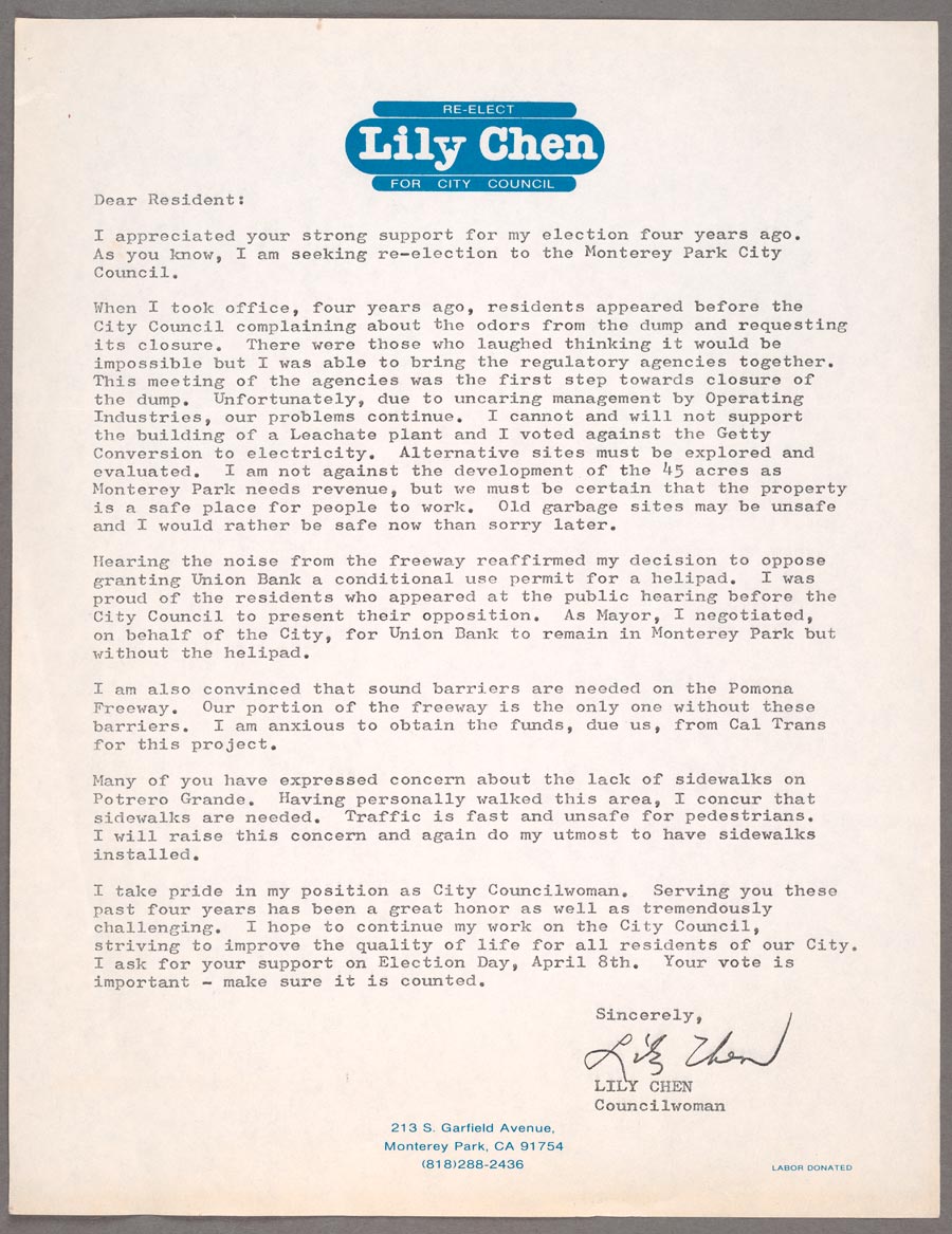 Campaign letter by Lily Lee Chen, 1986. The Huntington Library, Art Museum, and Botanical Gardens.