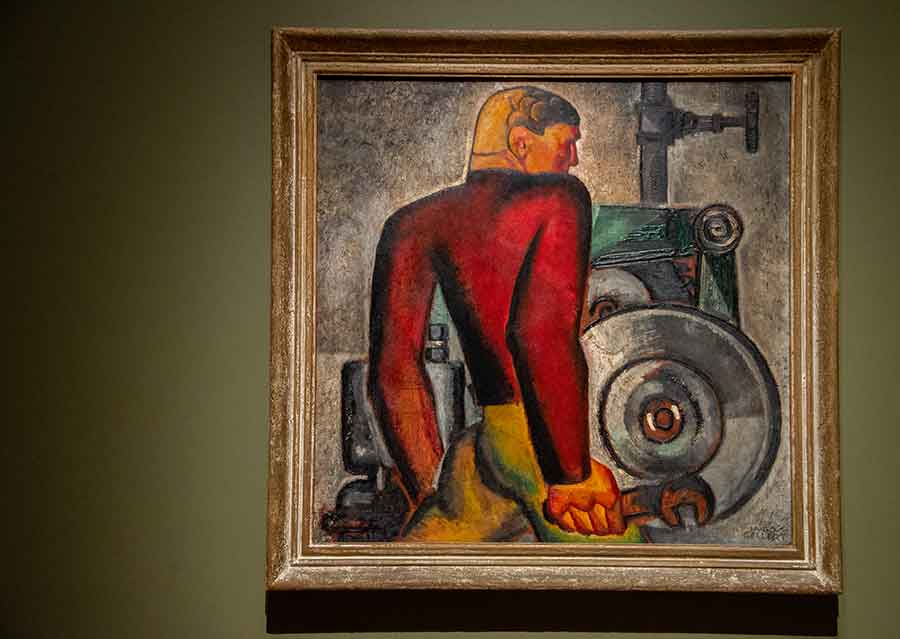 Hugo Gellert (1892–1985), Worker and Machine, 1928, oil on board, 30 1/2 x 30 7/8 inches. Collection of Sandra and Bram Dijkstra. Photo by Deborah Miller.