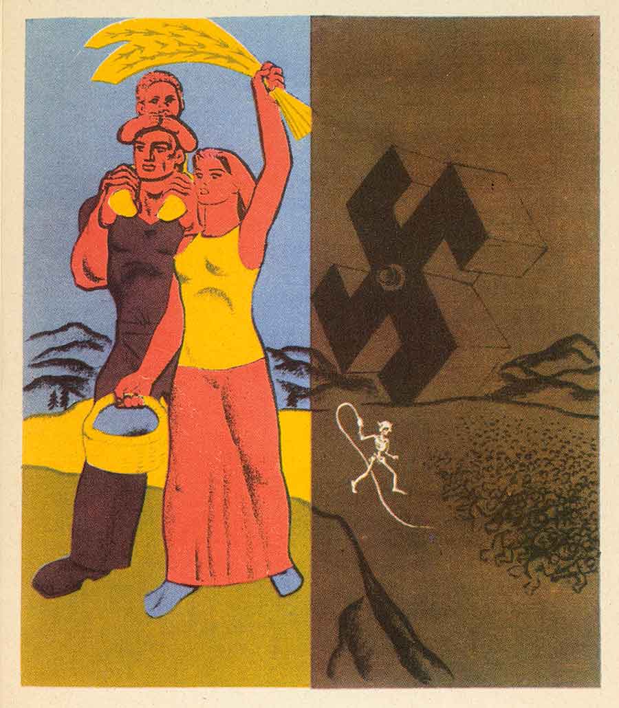 Hugo Gellert, Plate (page 13) from Century of the Common Man, 1943, screen print from an illustrated book with 19 screen prints. Gellert contrasts the idealistic propaganda that the Third Reich produced and the reality of fascism. The Huntington Library, Art Museum, and Botanical Gardens.