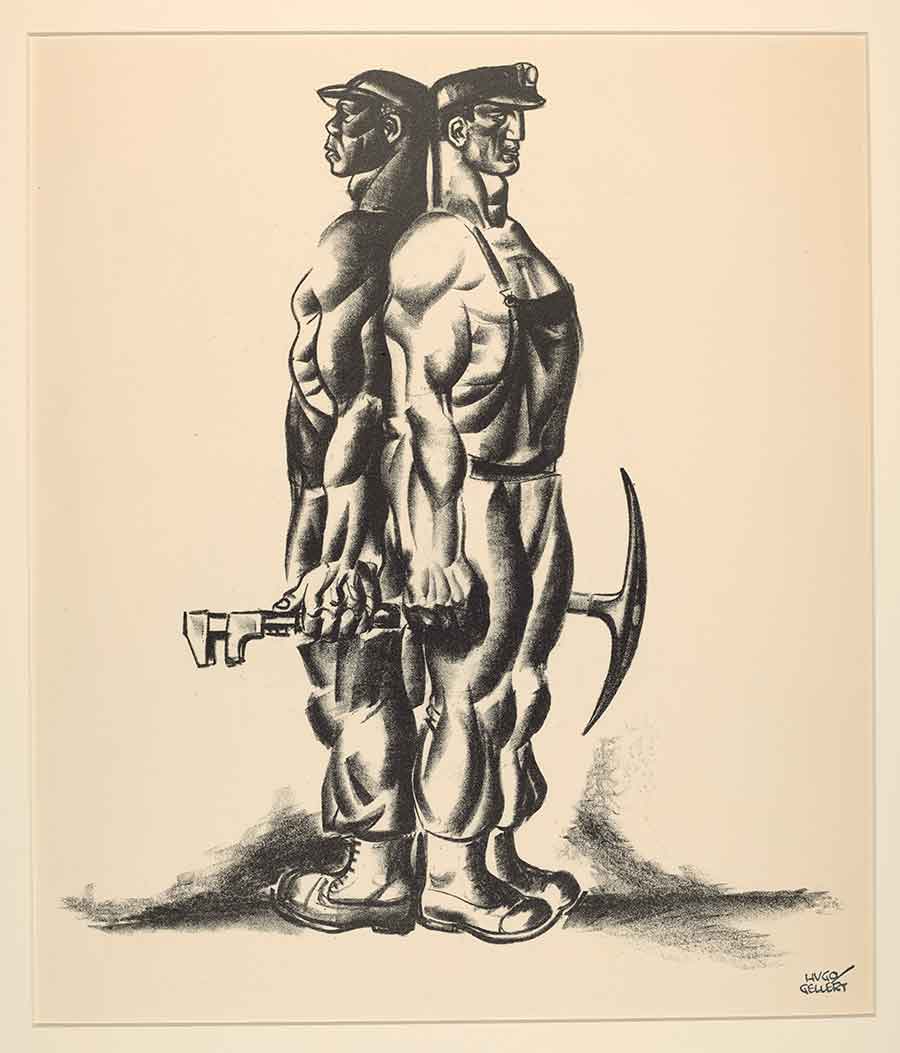 Hugo Gellert, The Working Day, 1933, lithograph, 22 5/8 x 15 3/16 in. (57.5 x 38.6 cm.). This image highlights Gellert’s lithographic talent and indicates his progressive views regarding racial equality. Gift of Hannah S. Kully. The Huntington Library, Art Museum, and Botanical Gardens.