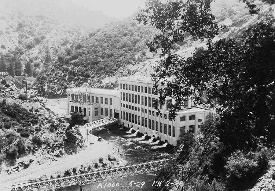 G. Haven Bishop, Looking at Big Creek Plants 2 and 2A, May 29, 1929. Southern California Edison Photographs and Negatives. Bishop wrote: “I believe this is the first picture we have taken since the completion of the steel incline trestle across Big Creek.” The Huntington Library, Art Museum, and Botanical Gardens.