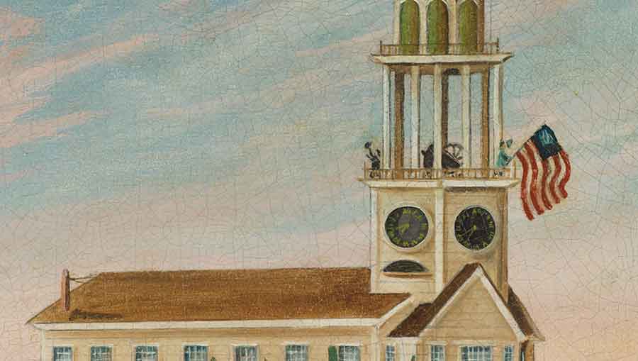 Before the match is struck, a man has climbed to the belfry to unfurl an American flag. The clock on the church’s tower tells the time: 7:40 in the evening. Detail from Before the Burning of the Old South Church in Bath, Maine by John Hilling, ca. 1854, oil on canvas, 21 3/4 x 27 7/8 x 2 1/8 in. (55.2 x 70.8 x 5.4 cm.). Jonathan and Karin Fielding Collection. The Huntington Library, Art Museum, and Botanical Gardens.