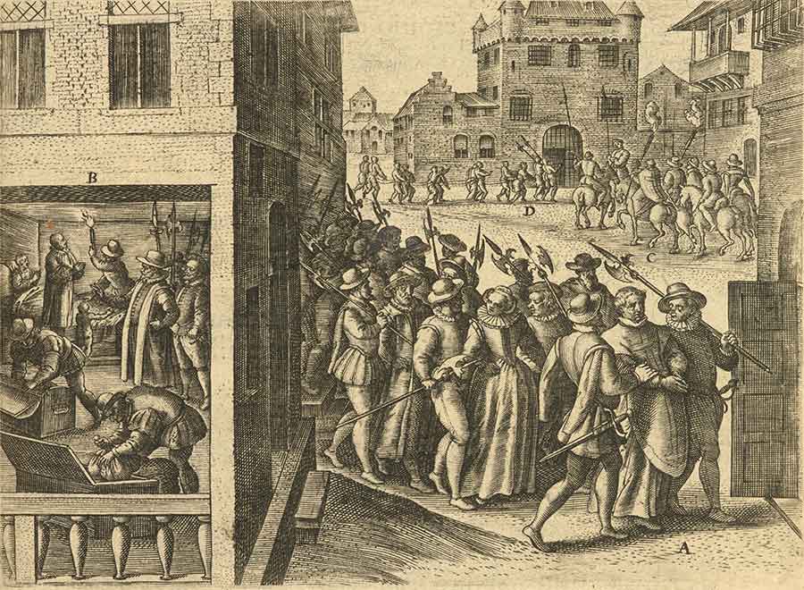 Evening raid, search, and arrest of an Elizabethan Catholic household by Protestant authorities, from Richard Verstegan, Theatrum crudelitum haereticorum nostri temporis (Antwerp, 1587), Sheridan Libraries, Johns Hopkins University.