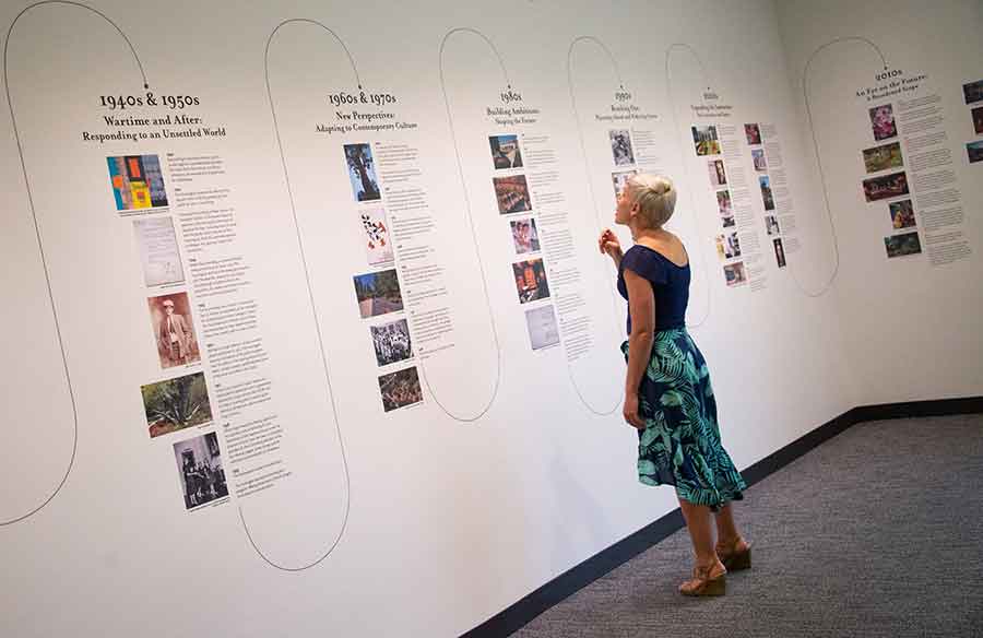 Detail of the Centennial timeline on display in the renovated Mapel Orientation Gallery. Photo by Deborah Miller.