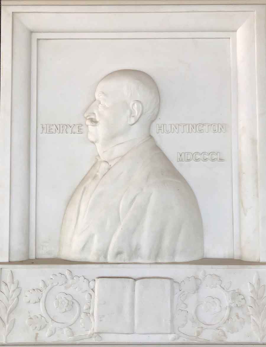 Clara Huntington’s marble bas relief sculpture of Henry E. Huntington. The Huntington Library, Art Museum, and Botanical Gardens.