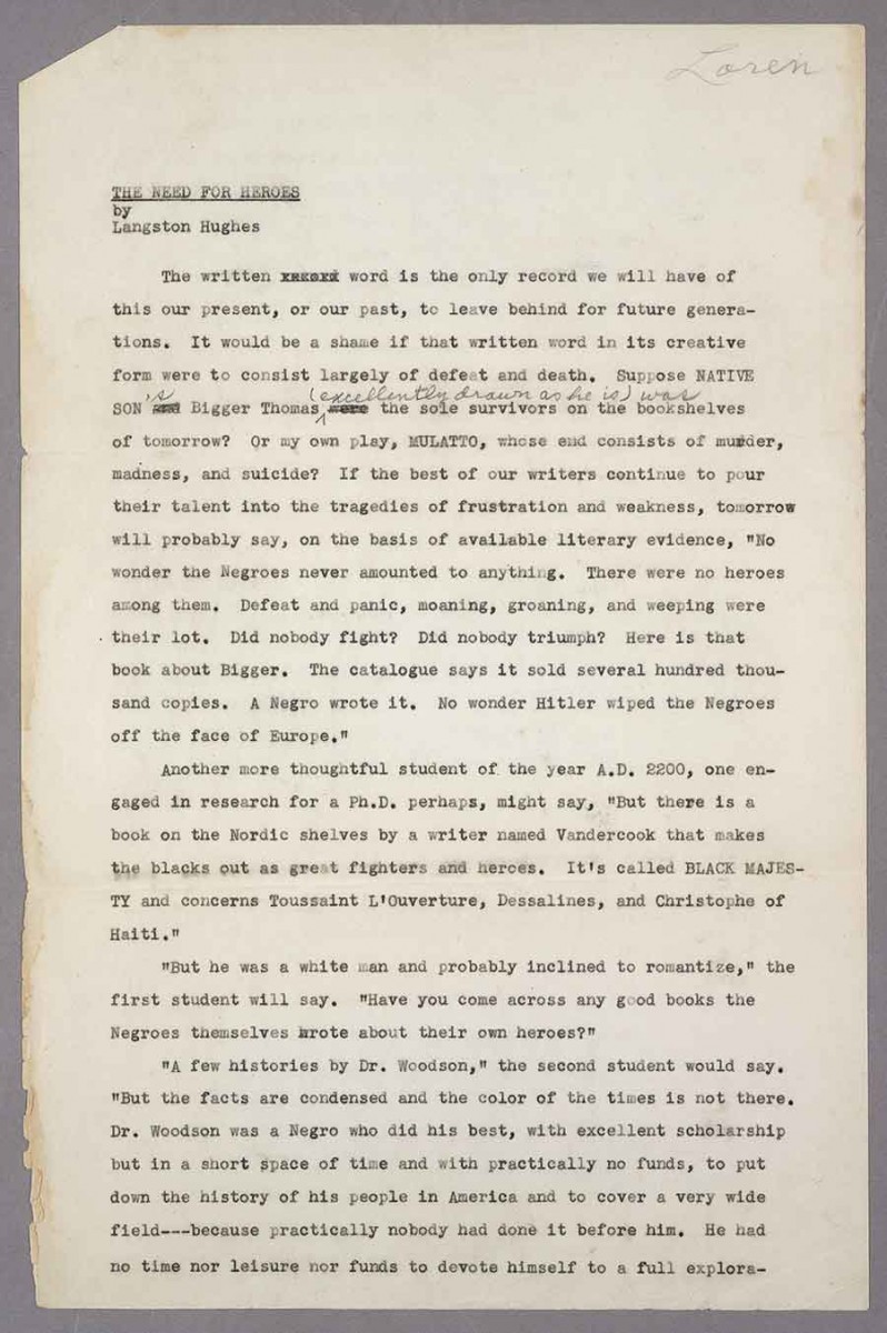 Corrected draft of “The Need for Heroes,” an essay by Langston Hughes. The Huntington Library, Art Museum, and Botanical Gardens.