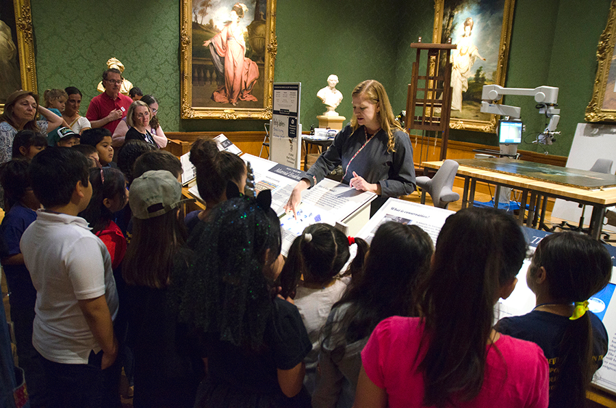 Christina O’Connell, senior paintings conservator, explains the blue pigments in The Blue Boy. Photo by Lisa Blackburn.