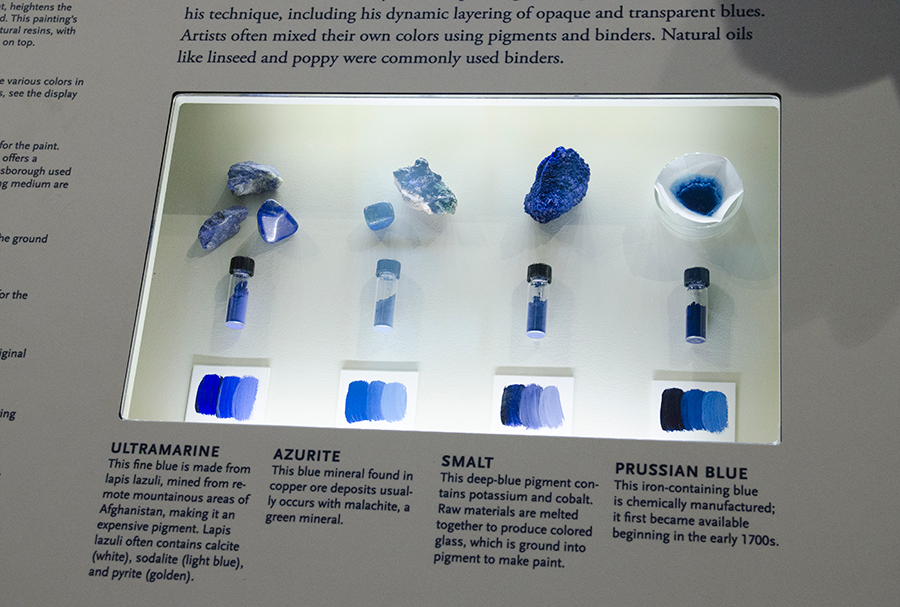 This didactic panel—“How is Blue Made?”—shows students the four pigments of blue that appear in The Blue Boy. Photo by Lisa Blackburn.