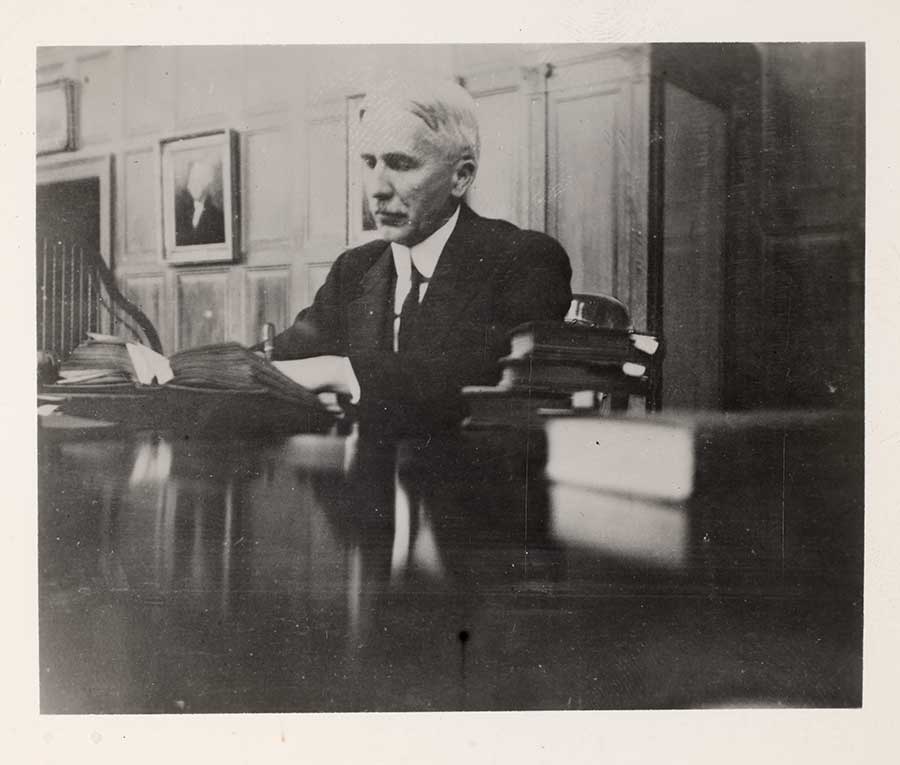 Photograph of Archibald L. Bouton, the first research worker in The Huntington’s main reading room. He arrived from New York University in 1923. At NYU, he served as professor of Rhetoric (1905–1914) and English (1914–1941), and Dean of University College of Arts and Pure Science (1914–1935).