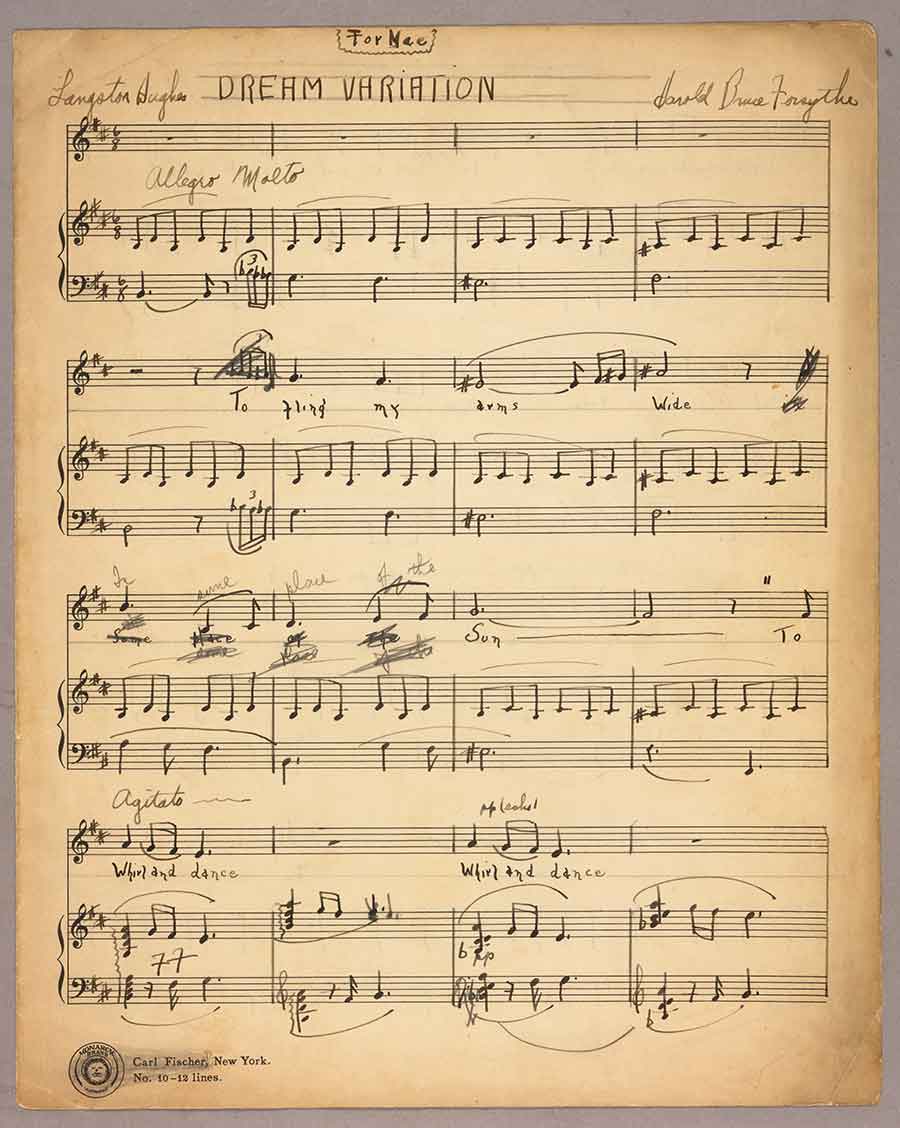 The first page of Harold Bruce Forsythe’s score for “Dream Variation,” with words by the poet Langston Hughes (1902–1967). The Huntington Library, Art Museum, and Botanical Gardens.