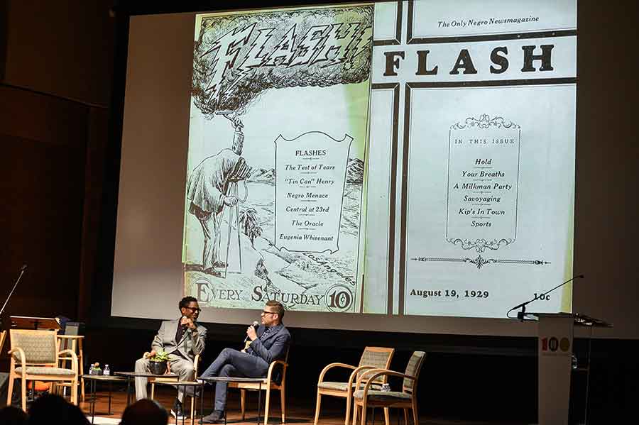 Dexter Story talks about Harold Bruce Forsythe with Josh Kun, professor and chair of cross-cultural communication at the University of Southern California, in Rothenberg Hall. On the screen appear images from the Los Angeles magazine Flash, an African American weekly to which Forsythe was a frequent contributor. The conversation was part of an event that launched The Huntington’s Centennial Celebration on September 5, 2019. Photo by Jamie Pham.