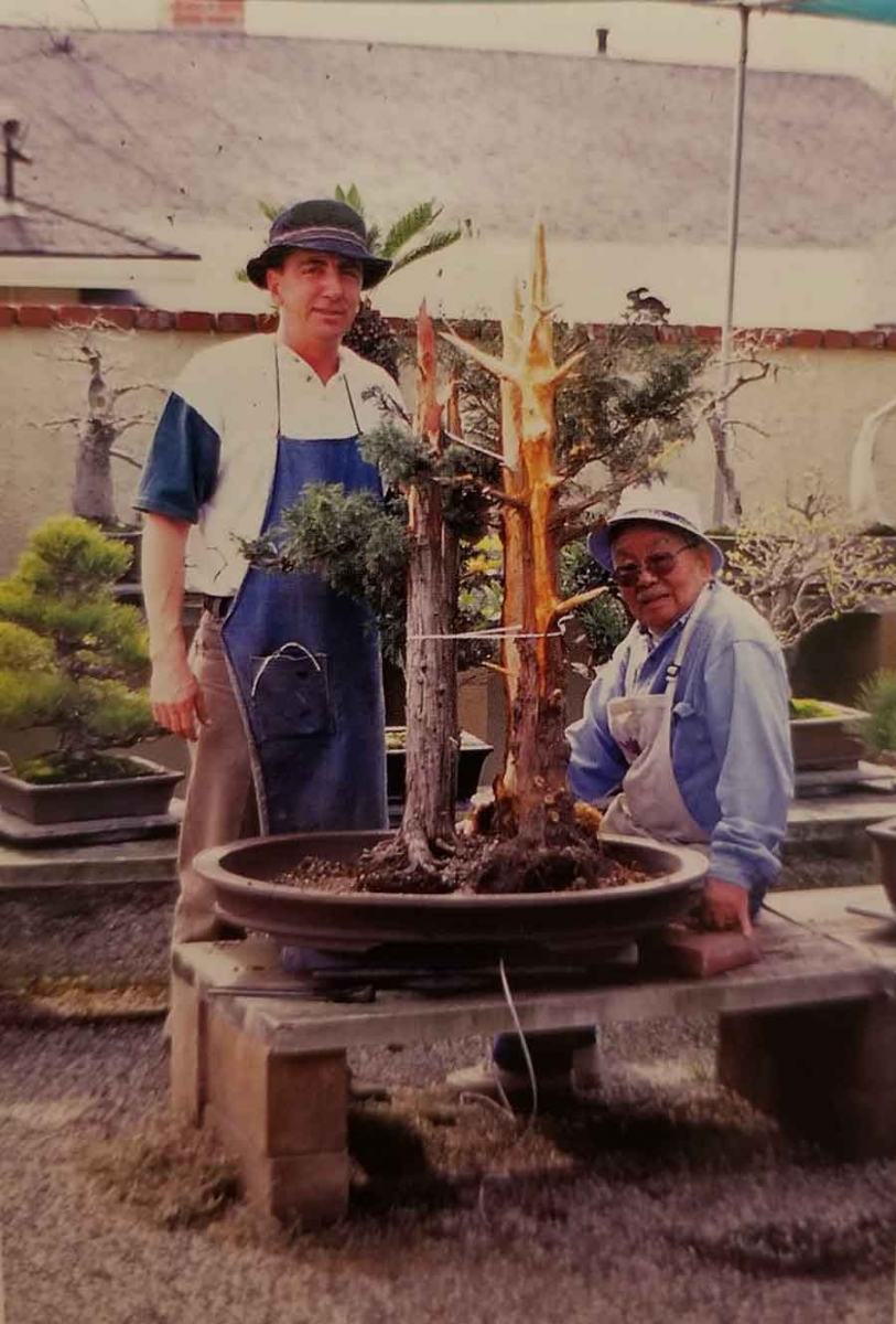 Jack Sustic (left) assisted John Naka (right) in replicating his famous bonsai, “Goshin,” in 2000. An earlier replica of