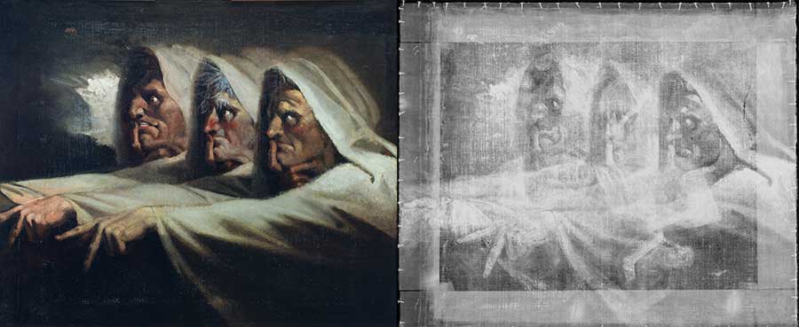 Henry Fuseli’s The Three Witches (left) and a digital x-ray of the painting. Digital x-rays provide a view through all the layers of a painting, revealing past damage or changes that an artist has made. The Huntington Library, Art Museum, and Botanical Gardens.
