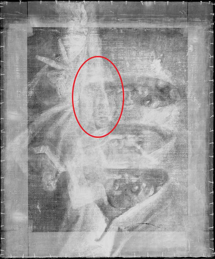 By rotating the x-ray 90 degrees clockwise, you can see a three-quarter portrait of a man. His face and collar are circled here in red. The Huntington Library, Art Museum, and Botanical Gardens.