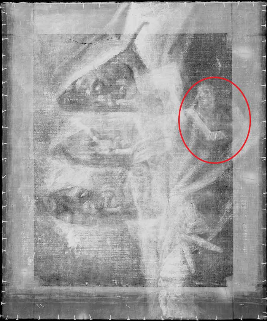 By rotating the x-ray 90 degrees counterclockwise, you can see a figure of a man with his arms raised. The figure, circled here in red, would likely have been part of a larger composition that Fuseli left incomplete before he decided to reuse the canvas.