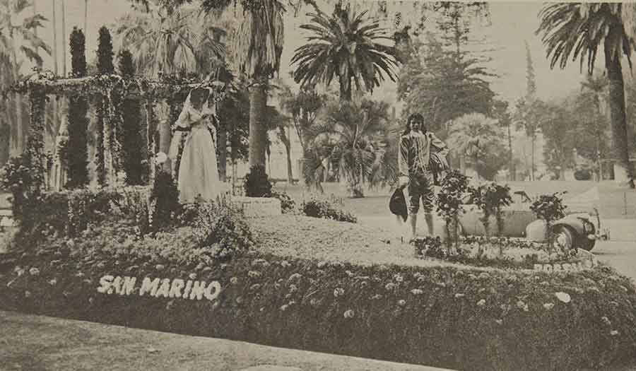 Marillyn McCormick Vanderhoof, who portrayed Pinkie on the City of San Marino’s float in the 1940 parade, remembers holding up her arm to mimic the portrait’s pose. Accompanying her on the float and representing The Blue Boy was Greg Peters, her 8th-grade classmate. (This photograph appeared in a retrospective story that was published in the San Marino Tribune on July 8, 1968.) The Huntington Library, Art Museum, and Botanical Gardens.