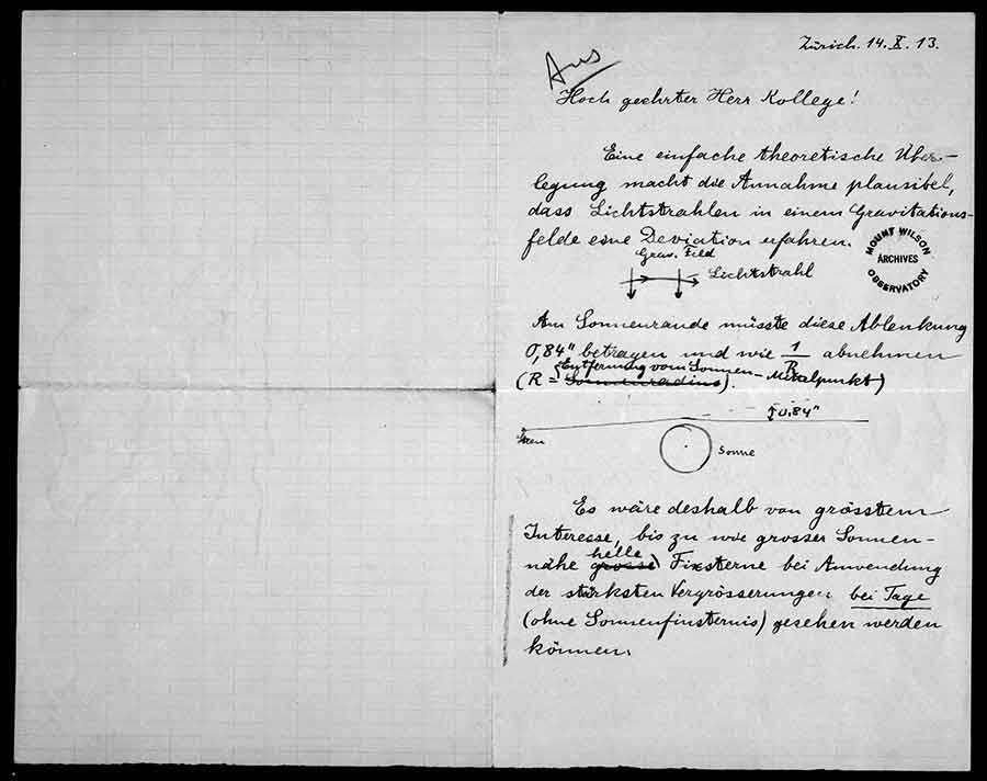 Letter from Albert Einstein to George Ellery Hale, Oct. 14, 1913. In this letter, Einstein asks Hale, director of the Mount Wilson Observatory, whether it would be possible to measure starlight bending around the sun during the day. The Observatories of the Carnegie Institution for Science Collection at the Huntington Library, San Marino, Calif.