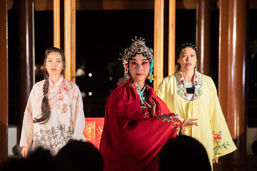 Jessika Van as the Maiden, Chenxue Luo as the Opera Singer, and Christine Lin as Fragrance. Photo by Rafael Hernandez. Courtesy of CalArts Center for New Performance.