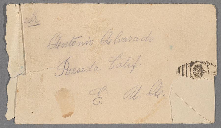 Front of the envelope of a letter from Ysidro Alvarado to his father, Antonio Alvarado, March 6, 1926. The Huntington Library, Art Museum, and Botanical Gardens.