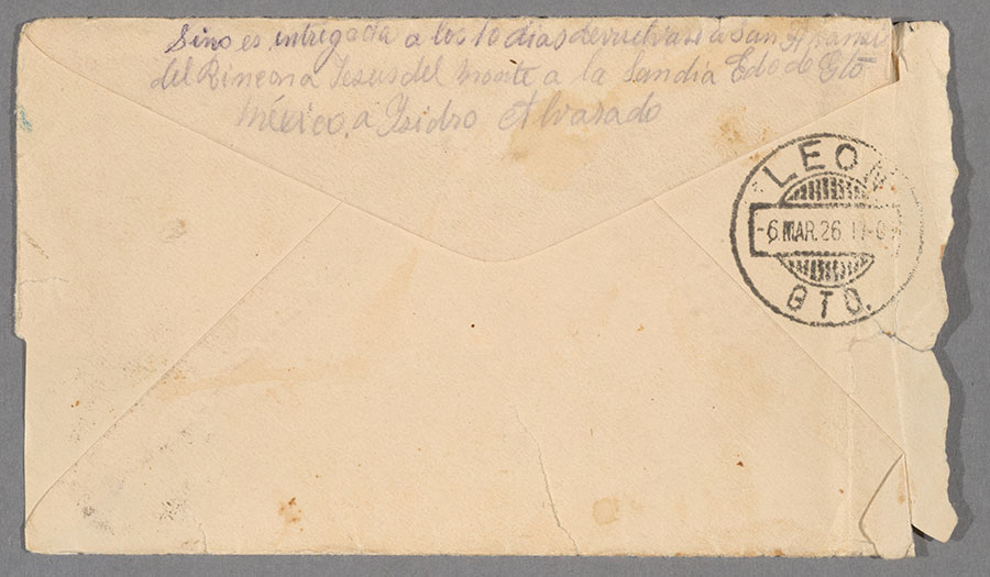 Back of the envelope of a letter from Ysidro Alvarado to his father, Antonio Alvarado, March 6, 1926. The Huntington Library, Art Museum, and Botanical Gardens.