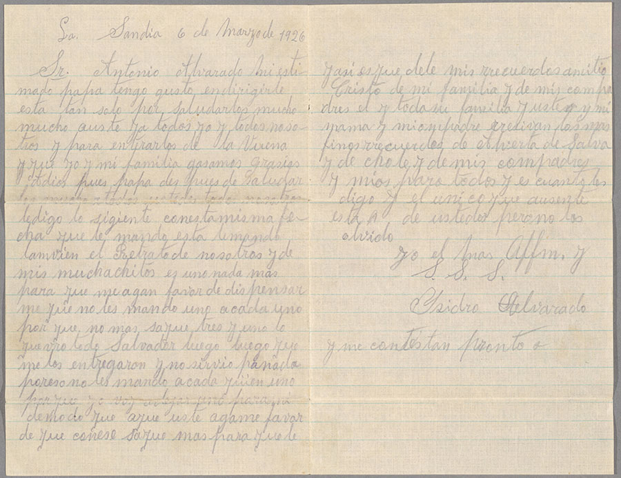First page of a letter from Ysidro Alvarado to his father, Antonio Alvarado, March 6, 1926. The Huntington Library, Art Museum, and Botanical Gardens.