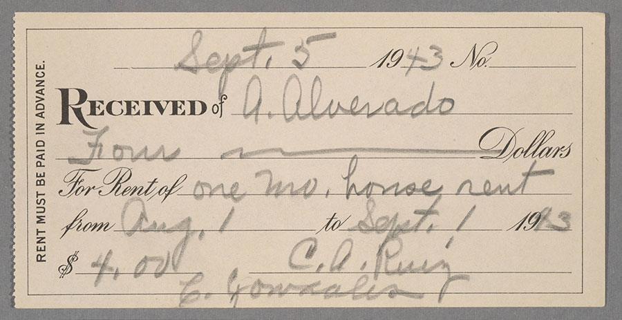 A rent receipt for Antonio Alvarado, who lived in Reseda, California, Sept. 5, 1943. The Huntington Library, Art Museum, and Botanical Gardens.