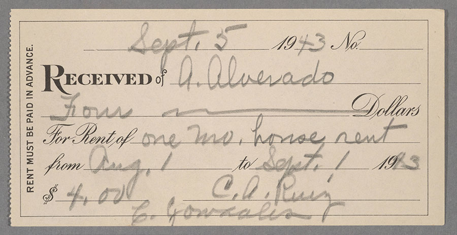 A rent receipt for Antonio Alvarado, who lived in Reseda, California, Sept. 5, 1943. The Huntington Library, Art Museum, and Botanical Gardens.