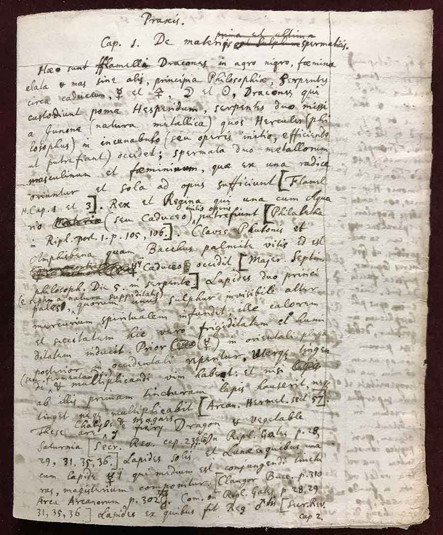 The alchemical treatise “Praxis,” dated to the 1690s, contains Newton’s attempt to decipher the process of synthesizing the philosophers’ stone from a variety of other alchemical texts. The Grace K. Babson Collection of the Works of Sir Isaac Newton at The Huntington Library, Art Museum, and Botanical Gardens.