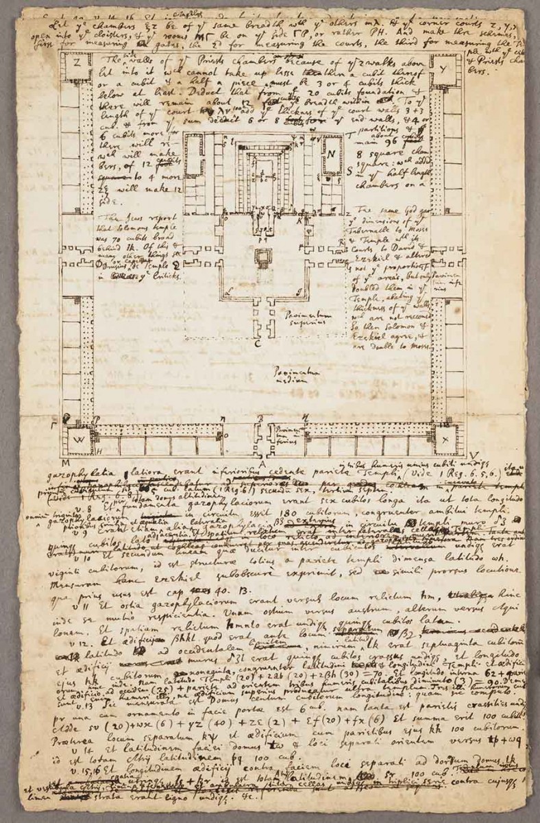 Isaac Newton, A treatise or remarks on Solomon’s Temple. “Prolegomena ad lexici prophetic partem secundam in quibus agitur De forma sancturaii Judaici . . . Commentarium” (after 1690). Newton believed that the architecture of Solomon’s Temple held divine secrets that had long ago been lost. He based his description and this sketch upon detailed comparisons of the biblical Hebrew text with the Septuagint and the Vulgate versions. The Grace K. Babson Collection of the Works of Sir Isaac Newton at The Huntington Library, Art Museum, and Botanical Gardens.