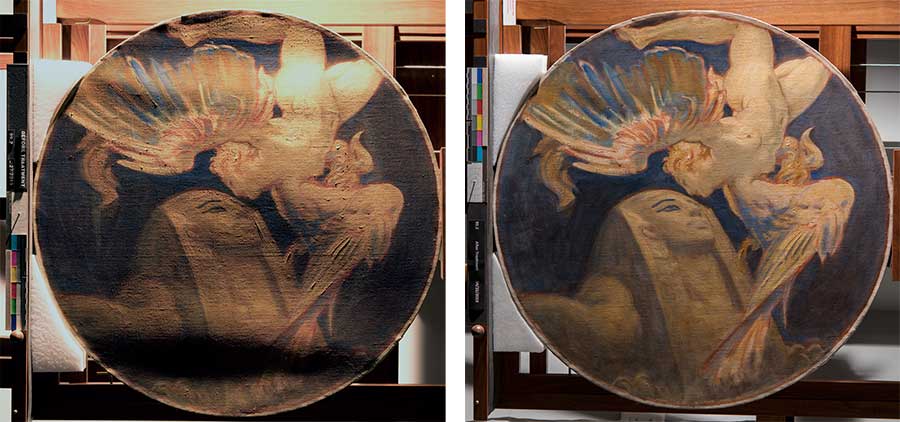 John Singer Sargent, Sphinx and Chimaera, 1916–21, oil on canvas, diam. 35 1/2 in. The painting as it appeared in raking light before treatment (left) and after treatment (right). The choice of the sphinx and chimaera reflects Sargent’s travels in Egypt and Greece in 1890. Purchased with funds from the Virginia Steele Scott Foundation and Mr. and Mrs. Harry Spiro.
