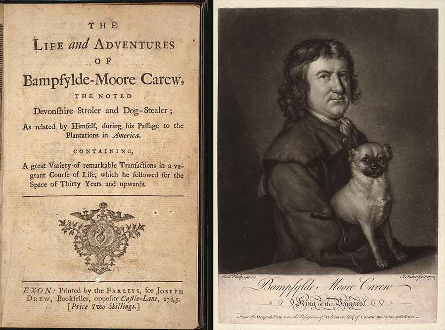 Left: Title page of The Life and Adventures of Bamfylde Moore Carew, 1745. Right: Illustration of Bamfylde Moore Carew from The Life and Adventures of Bamfylde Moore Carew. The Huntington Library, Art Museum, and Botanical Gardens.