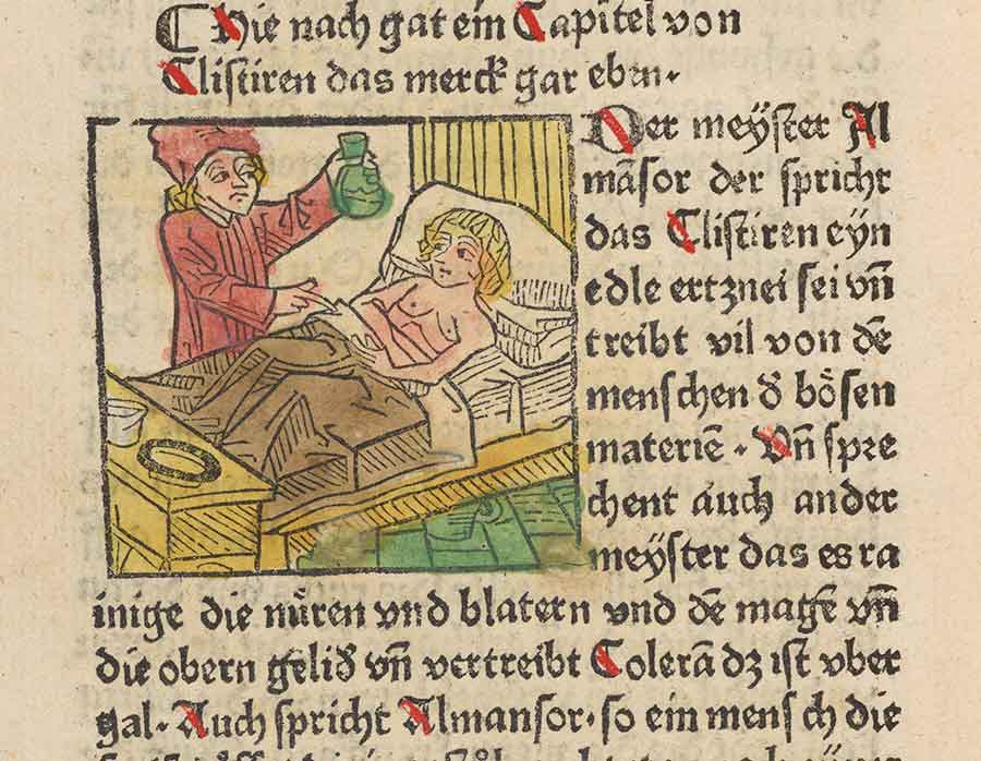 A physician attends to a bedridden patient and observes a flask of what is likely urine. Urinalysis was among the most common diagnostic tools of medieval medicine. Detail from Es spricht der Meÿster Almanasor, 1483, Augsburg. The Huntington Library, Art Museum, and Botanical Gardens.