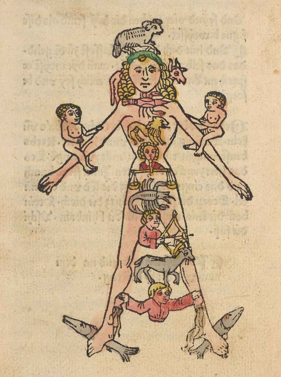 The “Zodiac Man” shows a human body in which specific parts of the body are correlated with particular zodiacal signs. For example, the feet are correlated here with the zodiacal sign Pisces, represented by two fish. The “Zodiac Man” is one of the most common illustrations in medieval medical texts. This particular version of the image, however, is very rare. The German “Kalender” in which it appears is known only in three libraries throughout the world, with both other copies being in Germany. Detail from Es spricht der Meÿster Almanasor, 1483, Augsburg. The Huntington Library, Art Museum, and Botanical Gardens.The Huntington Library, Art Museum, and Botanical Gardens.