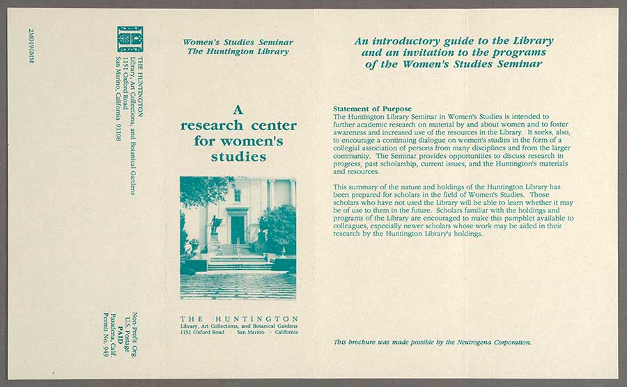 Brochure advertising The Huntington Library’s Women’s Studies seminars in the 1980s. The Huntington Library, Art Museum, and Botanical Gardens.