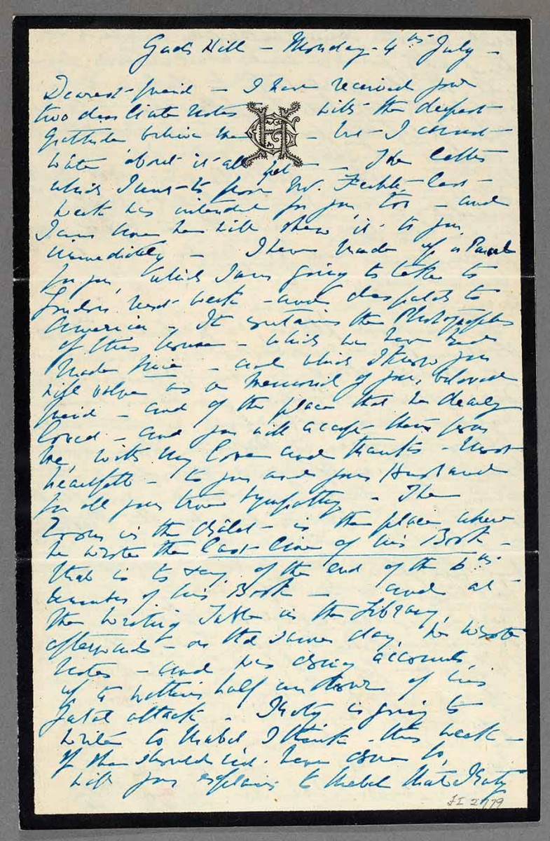 First page of a letter from Georgina Hogarth, sister-in-law of Charles Dickens, to Annie Adams Fields