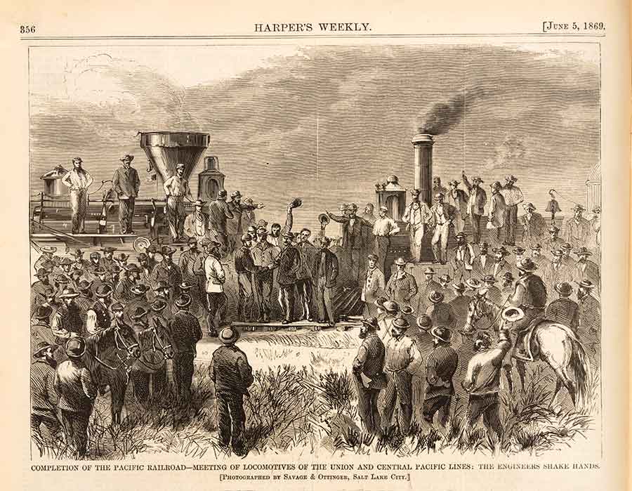 Harper’s Weekly, America’s leading illustrated periodical, celebrated the 1869 joining of the rails with this engraving reproduced from an original photograph. The Huntington Library, Art Collections, and Botanical Gardens.