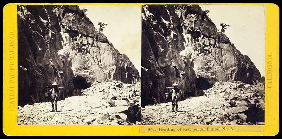 This A. A. Hart stereograph captures the staggering terrain that confronted the Central Pacific’s Chinese laborers who bored through the Sierra Nevada. The Huntington Library, Art Collections, and Botanical Gardens.