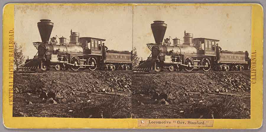 A stereograph by A. A. Hart of the Central Pacific Railroad’s first locomotive, named after the company’s president, Leland Stanford. The Huntington Library, Art Collections, and Botanical Gardens.