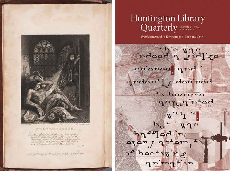 Left: Frontispiece from the third edition of Mary Wollstonecraft Shelley’s gothic novel Frankenstein: or, the Modern Prometheus, 1831. Right: Cover of the HLQ special issue, “Frankenstein and Its Environments, Then and Now.”