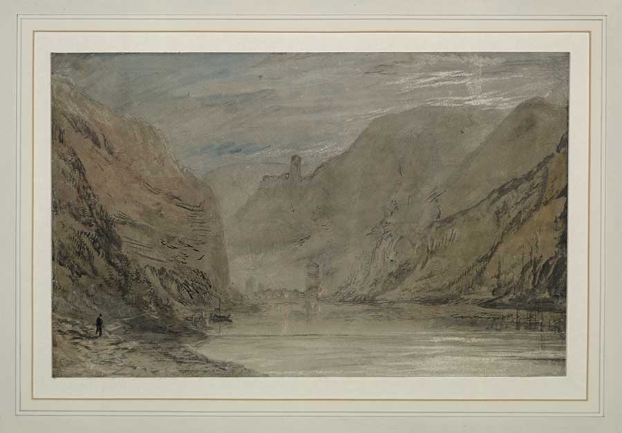 Joseph Mallord William Turner, Saint Goarhausen and Katz Castle by Moonlight, 1817, watercolor with scraping out on wover paper, 7 1/2 x 12 1/8 in. (19.1 x 30.8 cm.). The Huntington Library, Art Museum, and Botanical Gardens.