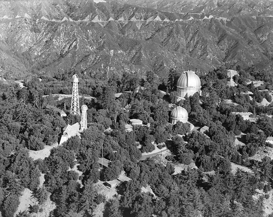 Aerial view of Mount Wilson Observatory, March 1958. Unknown photographer. Image courtesy of the Observatories of the Carnegie Institution for Science Collection at the Huntington Library.
